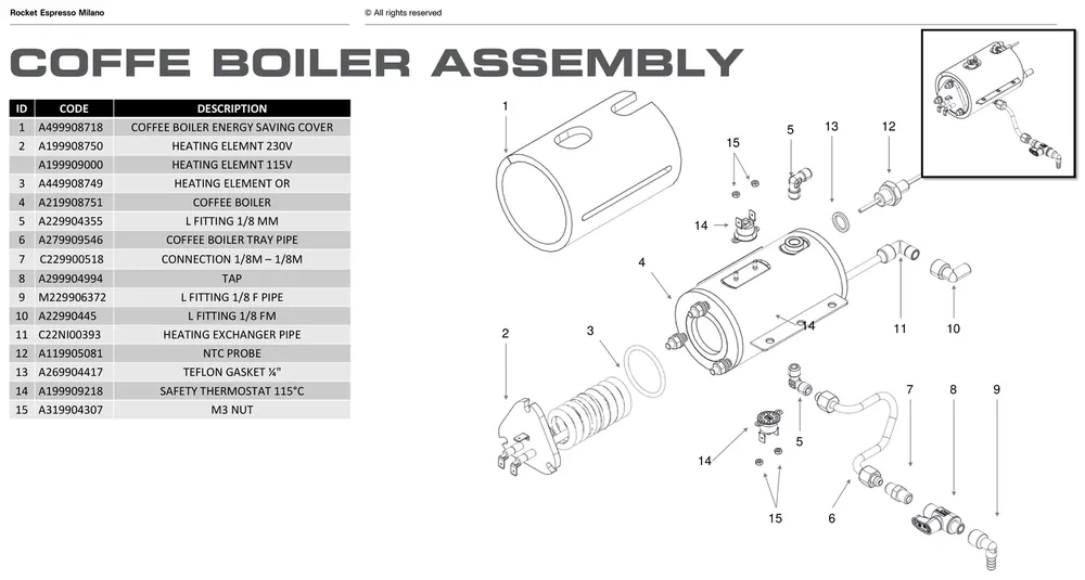 Rocket kaffekjele Bicocca - reservedel OEM-nummer A219908751