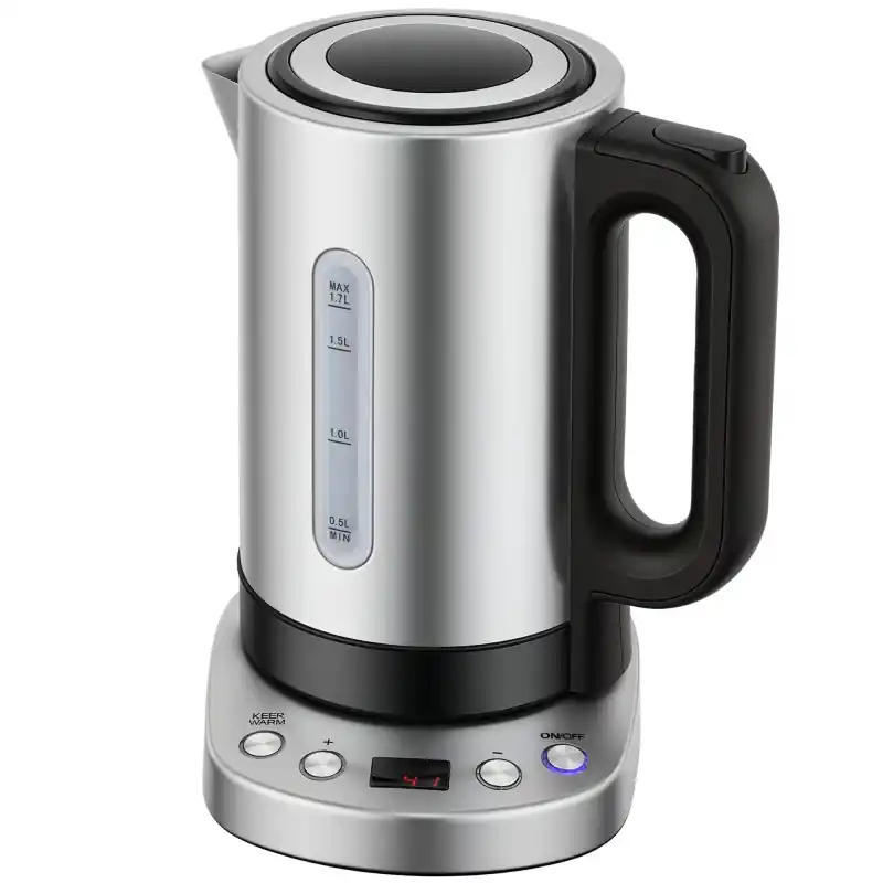 HOMCOM Elektrisk Vannkoker, 1.7L, Rask Koking, 3kW Vannkoker med UK Strix Termostat, Hold Varm Funksjon, LCD Base, Sølvfarge