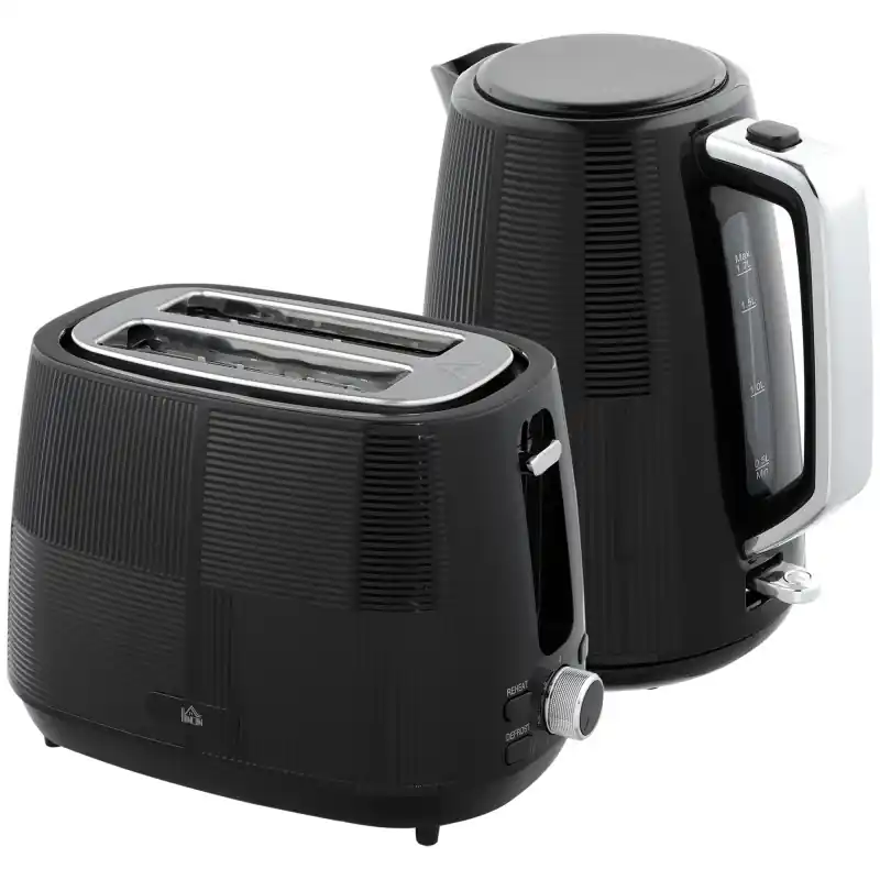 HOMCOM Vannkoker og Brødrister Sett, 1.7L 3000W Vannkoker med Rask Koking & 2 Brødrister for Skiver Kjøkkensett med 7 Nivå Bruni