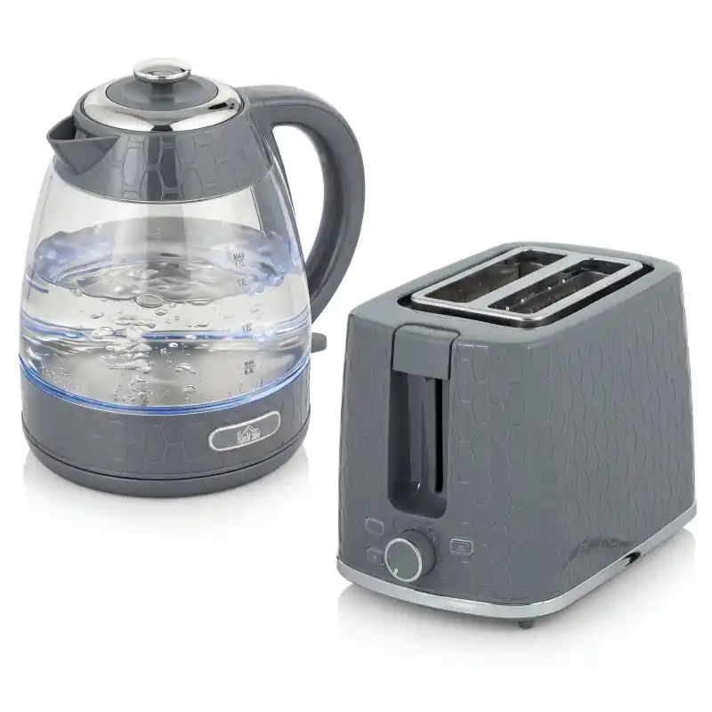 HOMCOM Vannkoker og Brødrister Sett, 1.7L 3000W Rask Vannkoker med Kalkfilter, 2 Skive Brødrister med 7 Bruningskontroller, Grå