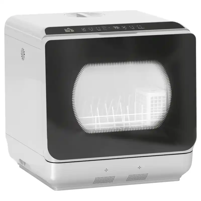 HOMCOM Benkeoppvaskmaskin med innebygd 6L vanntank, Mini benkeoppvaskmaskin med 6 programmer, 4 kuverter, sølvfarget til
