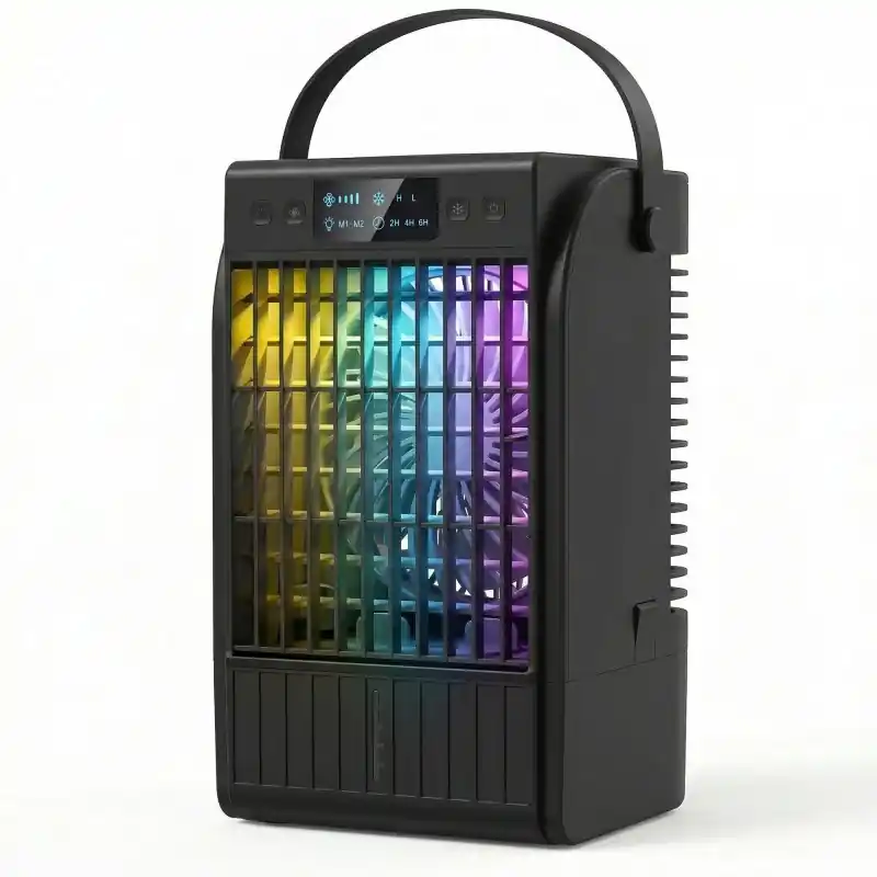 HOMCOM Bærbar Luftkjøler, 4-i-1 Mini Luftkjøler med 4 Vindhastighet, 2 Kjølig Tåke, RGB 7 LED-lys, Svart
