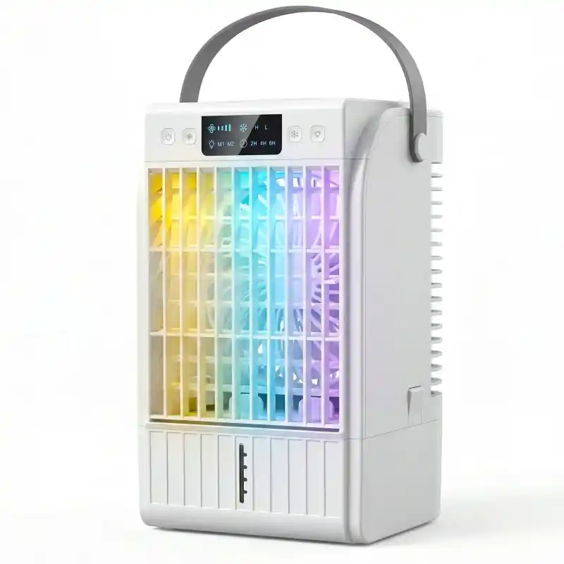 HOMCOM bærbar luftkjøler, 4-i-1 Mini luftkjøler med 4 Vindhastighet, 2 Kjølig tåke, RGB 7 LED-lys, hvit