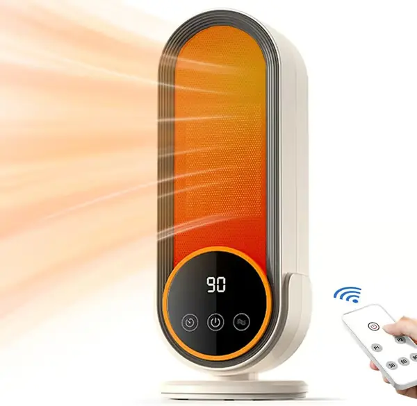 Elektrisk varmeovn, energieffektiv bærbar varmeovn med justerbar termostat, 1200W hurtigvarmende keramisk teknologi, fjernkontroll, hvit, 8x32CM