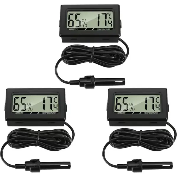 Digitalt termometer med hygrometer og ekstern sonde. Temperaturområde -50℃~70℃. Nøyaktighet ±1℃. Kabellengde 1,5m.