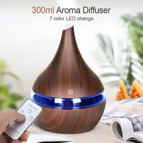 Eterisk oljediffuser, 300 ml elektrisk duftspreder, ultralyd luftfukter, 7-fargers LED og fjernkontroll