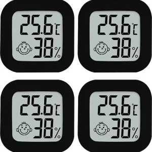 Hygrometer - Værstasjon - Fuktighetsmåler - Innendørs Termometer - Inkl. Batteri & Selvklebende Stripe - Sett - 4 Stykker Svart