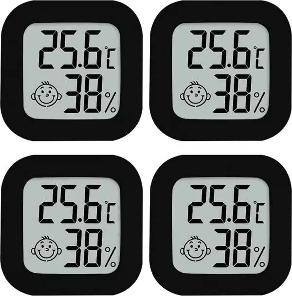 Hygrometer - Værstasjon - Fuktighetsmåler - Innendørs Termometer - Inkl. Batteri & Selvklebende Stripe - Sett - 4 Stykker Svart