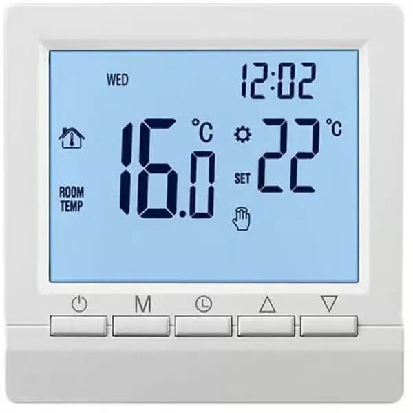 Manuell elektrisk radiatortermostat 16A, hvit-på-svart negativ skjerm, 5+2 ukers programmering, frostbeskyttelsesfunksjon