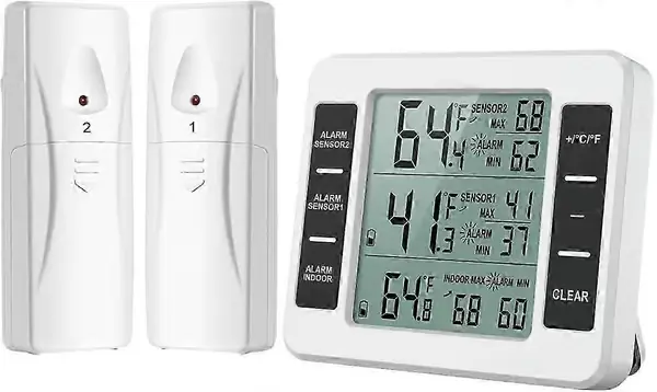 Kjøleskapstermometer, trådløst kjøleskapstermometer med 2 sensorer, lydalarm, min/maks, innendørs{F3}