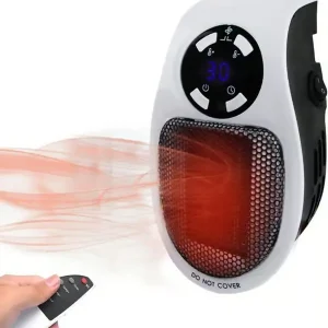 500W mini elektrisk vifteovn, liten varmluftsovn for kontor - hvit med fjernkontroll
