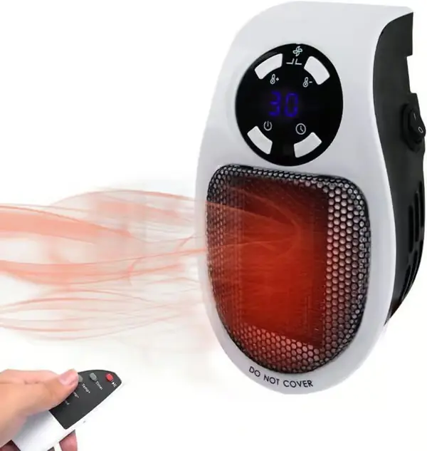 500W mini elektrisk vifteovn, liten varmluftsovn for kontor - hvit med fjernkontroll