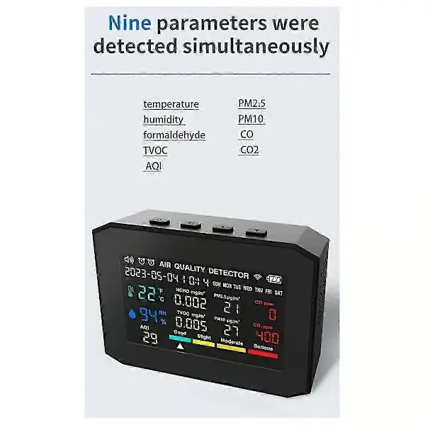 10-i-1 Luftkvalitetsmåler Co2-måler Co Tvoc Hcho Pm2.5 Pm1.0 Pm10 Temperatur og Luftfuktighet Karbondioksiddetektor, a