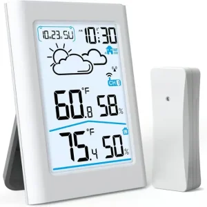Trådløs Værstasjon for Innendørs og Utendørs Bruk med 100m Fjernsensor, Stor Bakgrunnsbelyst LCD Termometer Hygrometer, Værmelding Klokke Alarm, Hv...