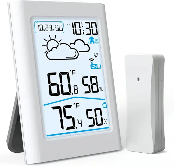 Trådløs Værstasjon for Innendørs og Utendørs Bruk med 100m Fjernsensor, Stor Bakgrunnsbelyst LCD Termometer Hygrometer, Værmelding Klokke Alarm, Hv...