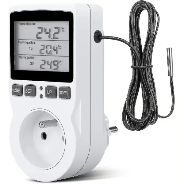 Digital termostat for oppvarming/kjøling med stikkontakt, LCD-temperaturregulator, 230V for drivhustemperaturregulator/terrariumtermostat (stikkont...