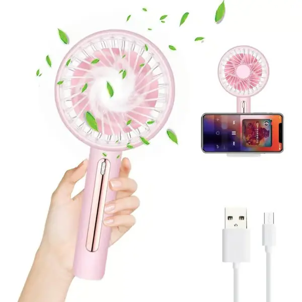 Bærbar vifte. USB oppladbar lommevifte med base. Stillegående håndholdt vifte med fire hastigheter - rosa.