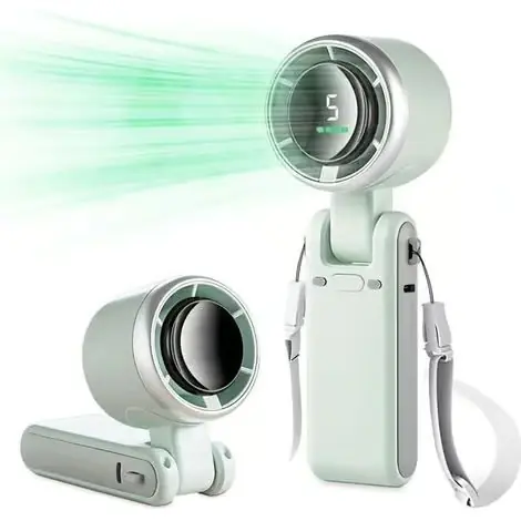 3-i-1 bærbar turbovifte. Sammenleggbar. USB-grensesnitt. 5 viftehastigheter. 180° justerbar nakkestropp.