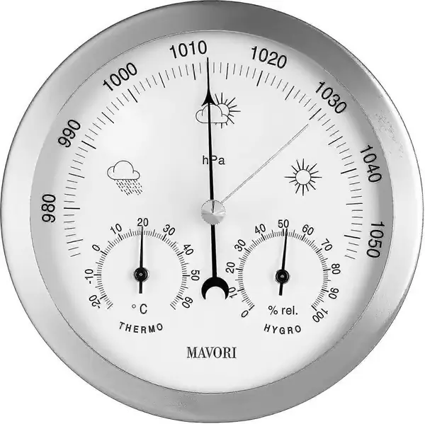 Analogt innendørs/utendørs værstasjon, ramme i rustfritt stål inkluderer barometer, hygrometer og termometer