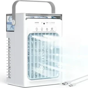 USB bærbar klimaanleggvifte, 4 hastigheter, tåkespray, 1000 ml vanntank, LED-lys timer, minikjøler for kontor hjemme White