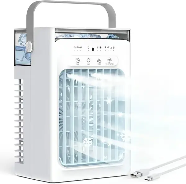 USB bærbar klimaanleggvifte, 4 hastigheter, tåkespray, 1000 ml vanntank, LED-lys timer, minikjøler for kontor hjemme White