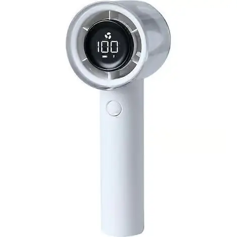Liten bærbar vifte med digitalt display. USB oppladbar. Ideell for utendørs eller hjemmebruk (hvit).
