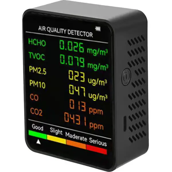 6-i-1 Gassdetektor – Luftkvalitetsmonitor med LCD-skjerm – Oppdager CO, CO2, HCHO, PM2.5, TVOC – 1200mAh Litiumbatteri Inkludert