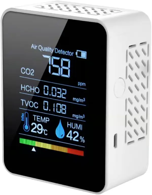 Karbondioksiddetektor, 5-i-1 luftkvalitetsdetektor, innendørs CO2-måler, digital TVOC HCHO-monitor, temperatur- og fuktighetsmåler