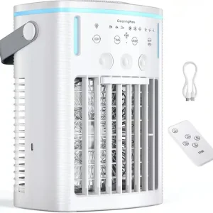 Bærbar luftkjøler, 1000 ml fordampende luftkjøler med fjernkontroll, 3 hastigheter, 3 moduser, 8 timers timer, 7-farget lys for soverom og kontor