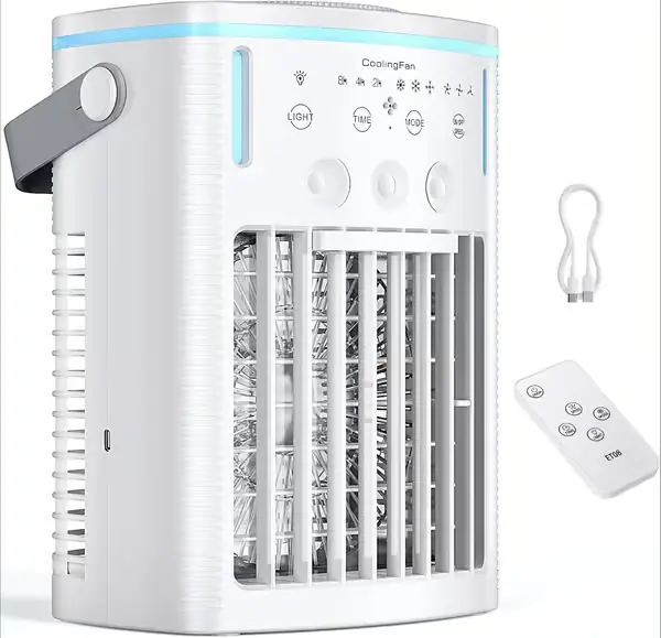 Bærbar luftkjøler, 1000 ml fordampende luftkjøler med fjernkontroll, 3 hastigheter, 3 moduser, 8 timers timer, 7-farget lys for soverom og kontor