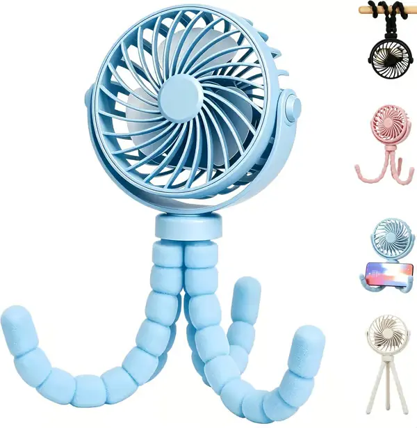 Octopus Mini Klips-vifte, USB Oppladbar Fleksibel Stativvifte med Telefonholder for Innendørs og Utendørs Bruk Blue