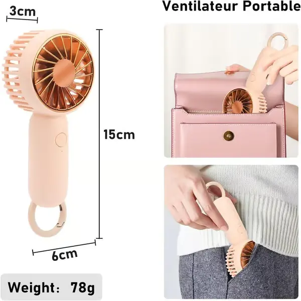Mini Vifte med Krok, USB Bærbar Lommevifte, 3 Justerbare Hastigheter Mini Vifte Rosa