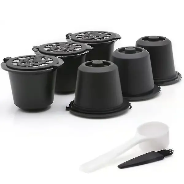 5-pakning gjenbrukbare kaffekapsler for Nespresso Original Line, påfyllbare filterputer i rustfritt stål med skje og børste, svart Black