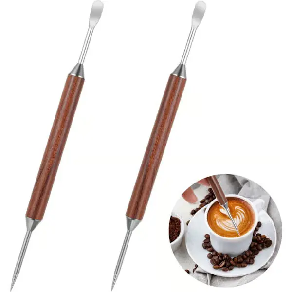 2-delt sett med latte art-penner, kaffetegneverktøy i rustfritt stål med trehåndtak, barista-tilbehør