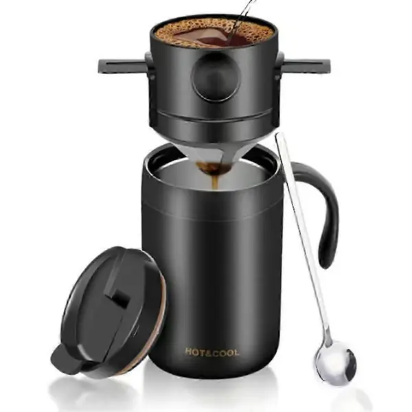 Bærbar kaffetrakter for camping med kaffekopp i rustfritt stål + kaffefilter, for reiser, camping, kontor, fotturer js