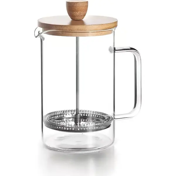 Kaffetrakter med presskanne i tre, stempelkaffetrakter, filter i rustfritt stål, 8 kopper, rustfritt stål og bambustre, 800 ml White