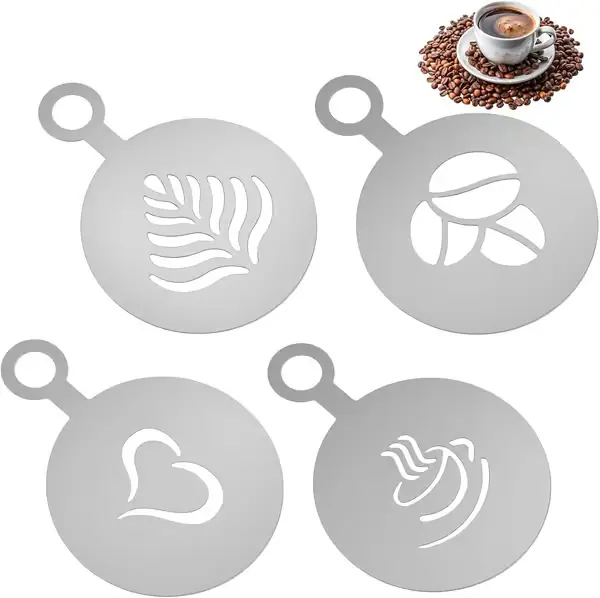 4-delt Latte Art Sjablonesett - Gjenbrukbare Kaffemaler i Rustfritt Stål for Cappuccino og Kakedekorering