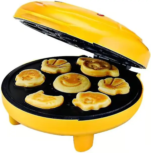 Minivaffeljern for dyr, lager 7 interessante spesialformede pannekaker, automatisk avstenging, non-stick-panne, gul