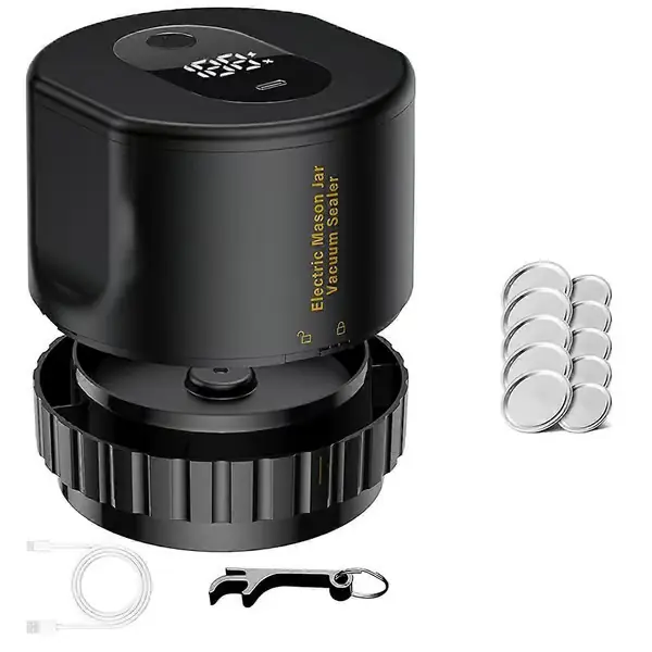 Mason Jar Vakuum 2-i-1 Design Elektrisk Mason Jar Vakuumforseglingssett, Helautomatisk Suge-stopp Black