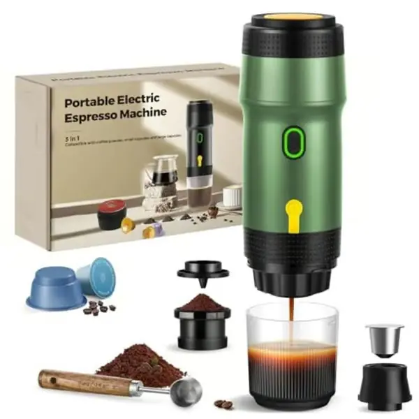 3-i-1 bærbar kaffemaskin, 20 bar, 92°C ekstraksjon, 7500 mAh batteri, USB/12V billader, espressomaskin for kapsler og malt kaffe (grønn)
