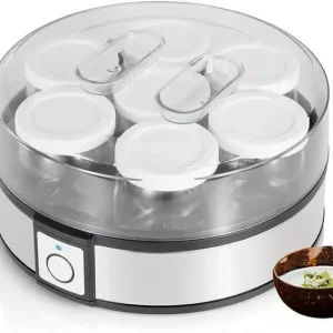Elektrisk yoghurtmaskin, 1260 ml automatisk yoghurtmaskin i rustfritt stål, 7 glass, justerbar timer for menn og kvinner, sunn gave.(Ho)