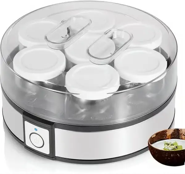 Elektrisk yoghurtmaskin, 1260 ml automatisk yoghurtmaskin i rustfritt stål, 7 glass, justerbar timer for menn og kvinner, sunn gave.(Ho)
