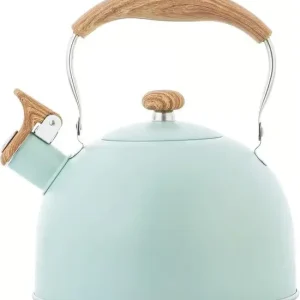 Vannkoker - Plystrende vannkoker 2,5L - Tre-effekt finish, varmebestandig håndtak - Plystrer når vannet når kokepunktet - Grønn plystre green