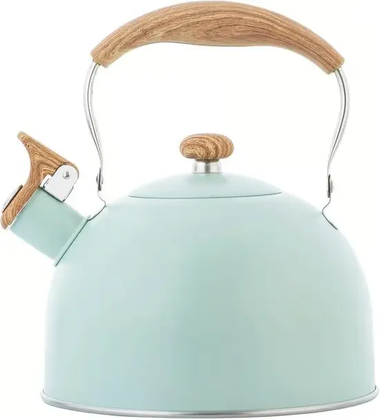Vannkoker - Plystrende vannkoker 2,5L - Tre-effekt finish, varmebestandig håndtak - Plystrer når vannet når kokepunktet - Grønn plystre green