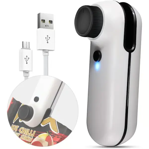 Mini poseforsegler, 2-i-1 USB-oppladbar varmeforsegler og kutter, Mini chip poseforsegler varmeforsegling med myk magnet—maks