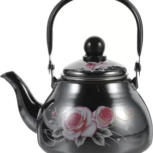 Vintage emalje tekanne, 1L blomsteremalje på stål komfyrtopp vannkoker kaffekanne med keramisk kjølig håndtak for hjemmekjøkkeninnredning