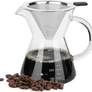 Pour Over Kaffetrakter med Rustfritt Stålfilter, Borosilikatglass Karaffel Manuell Kaffedrypper med Håndtak, Ingen Papirfiltre Nødvendig (400ml)