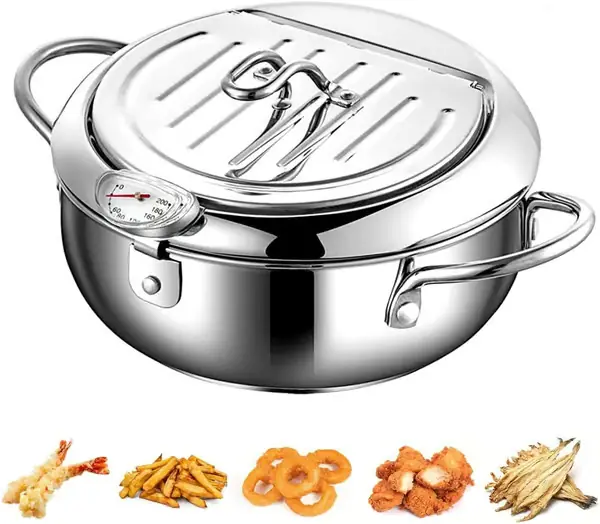 Fryer Extraordinaire, Frityrkjele i rustfritt stål med integrert termometer og avtakbare komponenter, som sikrer nøyaktige steketemperaturer og