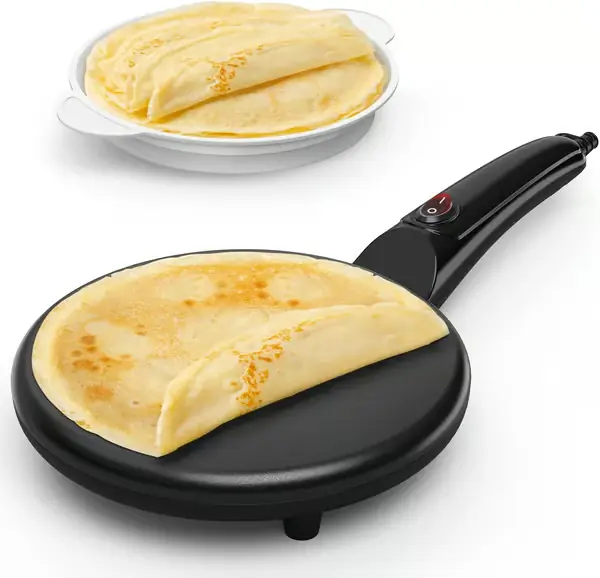Non-stick elektrisk pannekakemaker, bærbar 220V stekeplate til hjemmebruk, kjølig håndtak med matskål