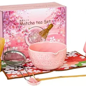 7-delt japansk matcha tesett, matcha sett, matcha startsett, matcha visp, rosa